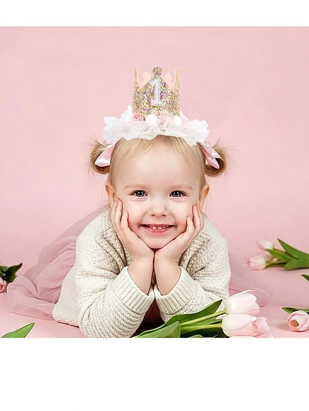 Glitter Pink First Birthday Princess Crown Headband